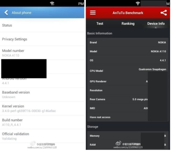 AnTuTu benchmark on a Nokia A110 using Android 4.4.1